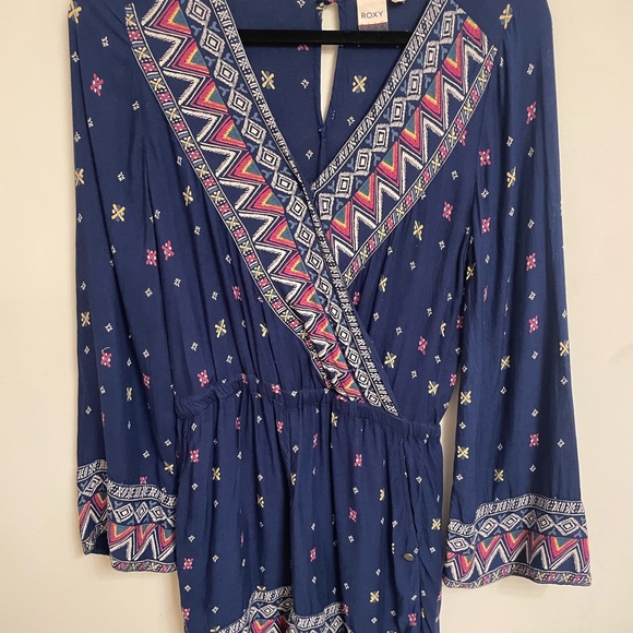 Roxy Women’s Boho Navy Blue Argyle Diamond Patterned Long Sleeve Romper Small - Picture 1 of 5